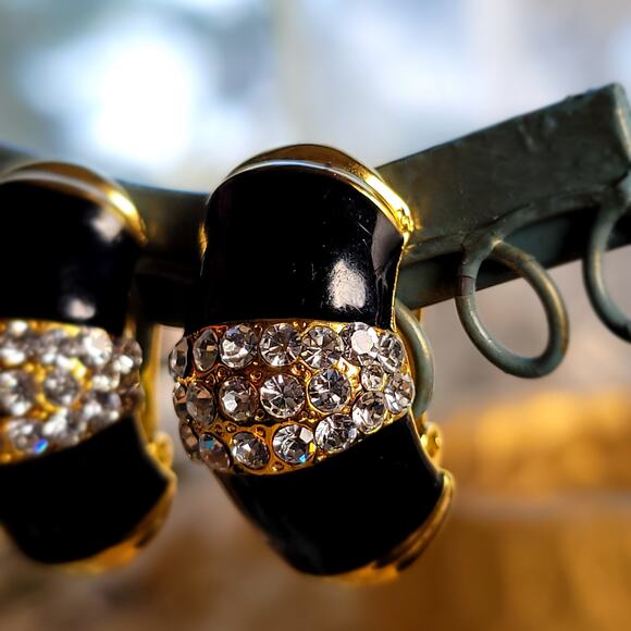 Black and Gold Enamel Clip-On Earrings with Rhinestones - Picture 10 of 10